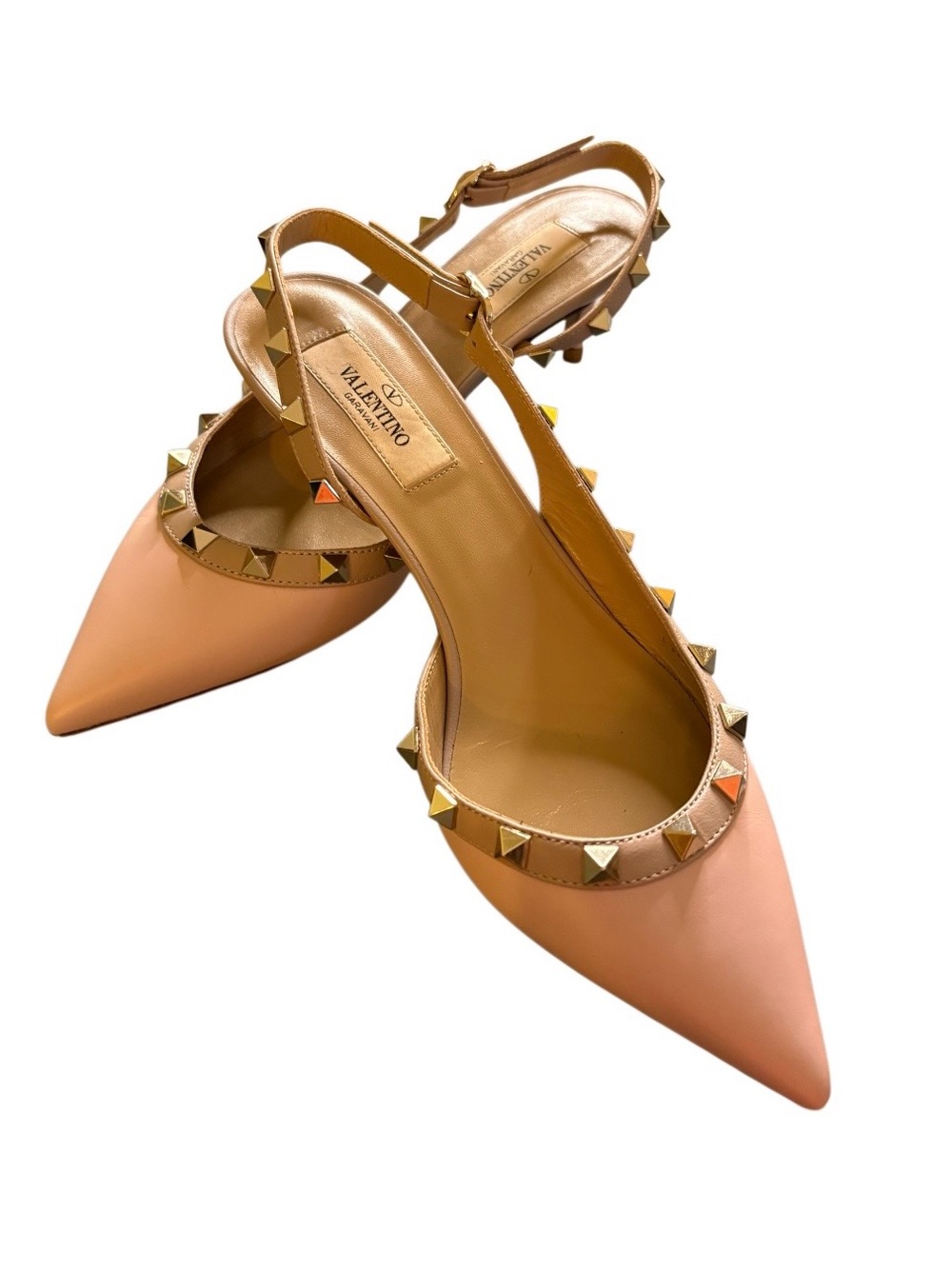 Valentino Pink Leather Rockstud Pointed Flats with Gold Studs